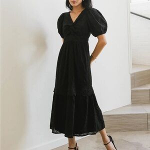 Bohme Cole Eyelet Lace Midi Dress Black Puff Sleeve Size Small Prairie Cottage